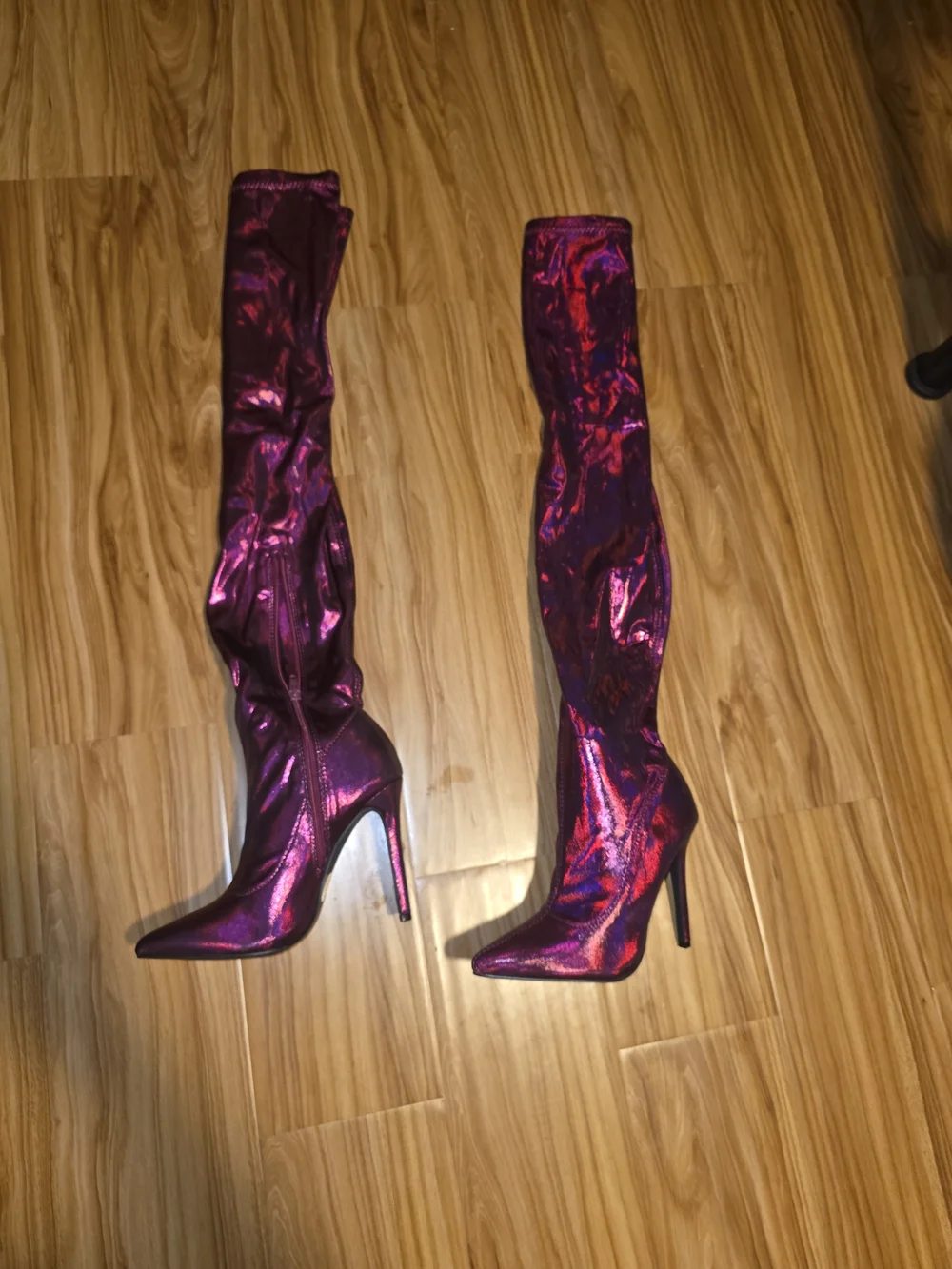 NWOT Purple metallic thigh high stiletto boots size 5.5